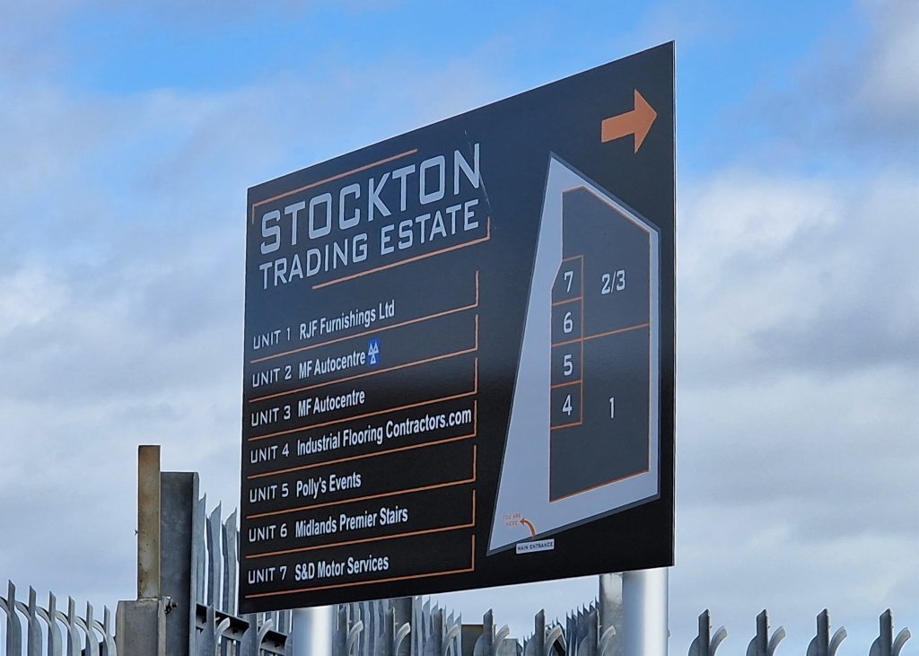 The Stockton Trading Estate sign at the entrance