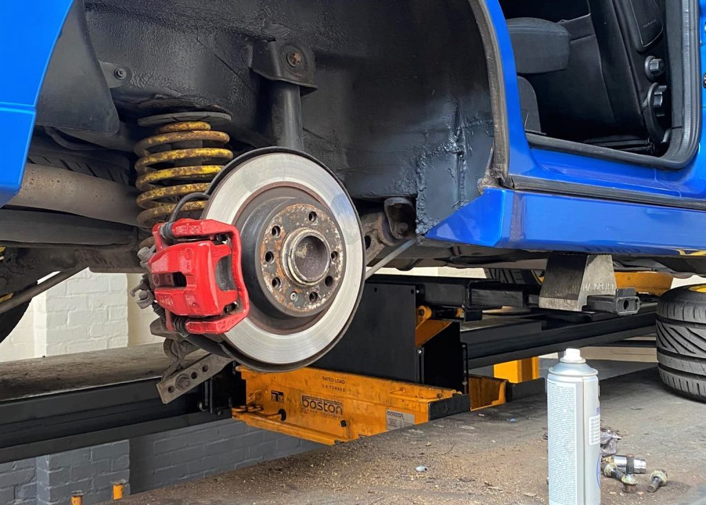 Brakes and coilover suspension with the wheel off